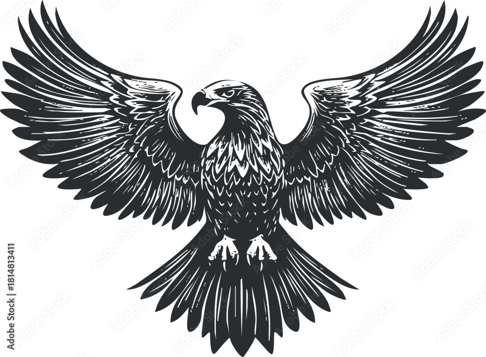 Fototapeta premium Detailed black and white vector illustration of a majestic eagle with spread wings, suitable for wildlife themes and branding projects