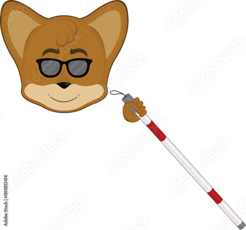 vector illustration emoticon character face fox animal, blind man with a cane in his hand and sunglasses