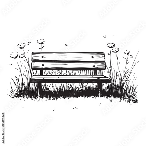 wooden park bench with grass and flowers silhouette
