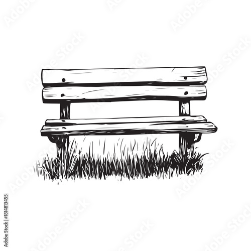 wooden park bench with grass and flowers silhouette