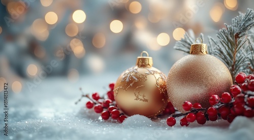 Winter Holiday Decorations With Ornaments and Berries on Snow