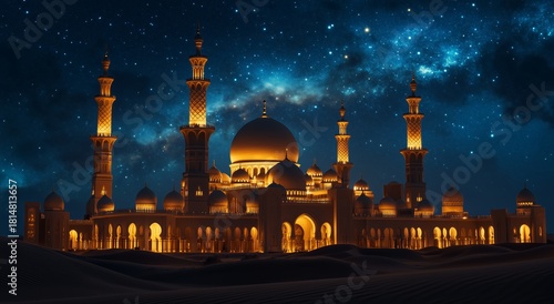 Majestic Mosque Illuminated Under a Starry Night Sky in a Desert Landscape