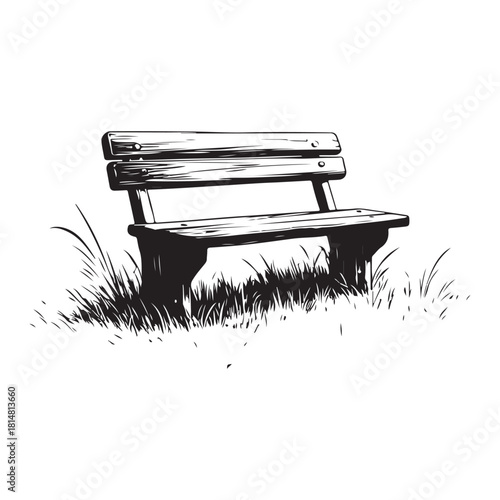 wooden park bench with grass and flowers silhouette