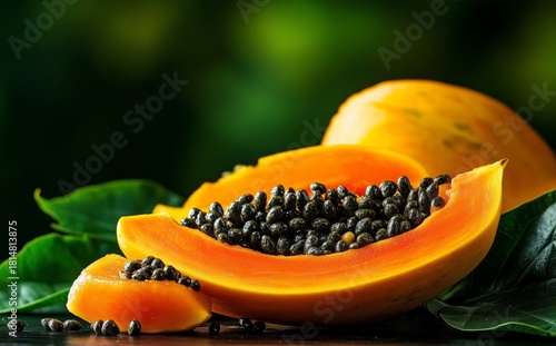 Fresh Papaya Cut Open Reveals Vibrant Orange Flesh and Black Seeds Surrounded...