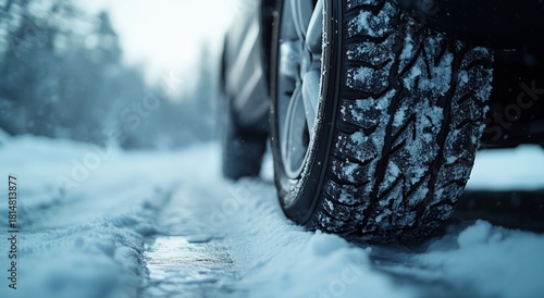 Snow Covered Road With Vehicle Tire Struggling in Winter Weather Conditions