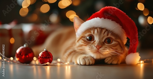 Cute Orange Kitten in Santa Hat With Christmas Decorations and Warm Bokeh Lights