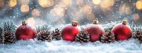 Festive Red Ornaments and Pine Cones on a Snowy Landscape During Winter Season