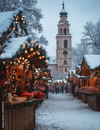 Winter Market in a Snow-Covered Town Square With Festive Lights and a Histori...