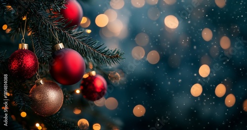 Bright Red and Gold Ornaments Shimmer on a Christmas Tree Surrounded by Soft ...