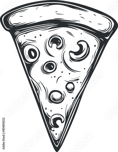 Hand-drawn black and white vector illustration of a pizza slice featuring various toppings, ideal for food branding and menu design