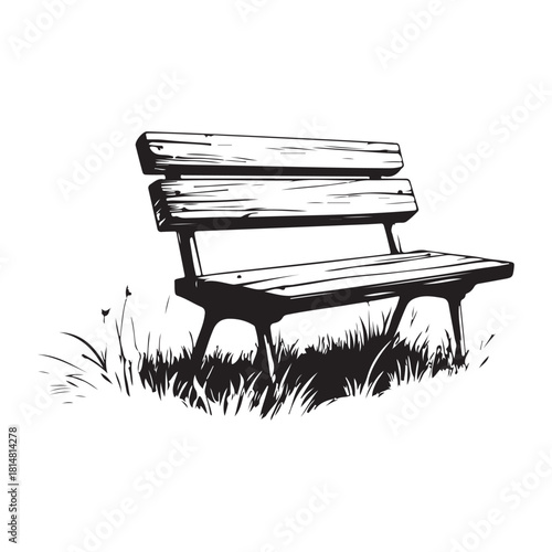 wooden park bench with grass and flowers silhouette