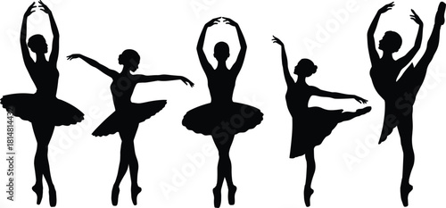 Five black silhouette ballet dancers in various graceful poses on white background vector