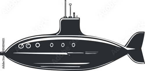 Vector illustration of a side view submarine design in black and white for nautical and marine-themed projects