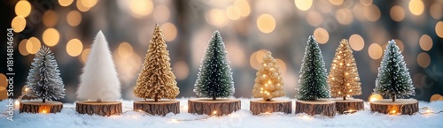 Beautiful Miniature Christmas Trees on Wooden Bases With Festive Lights and B...