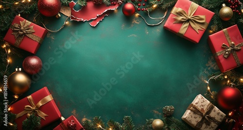 Festive Holiday Gifts Arranged With Decorations and Greenery on a Dark Green ...