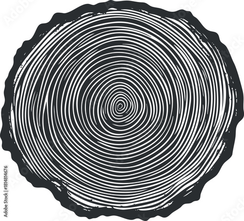 Stylized black and white vector illustration of a tree stump showing growth rings for eco-friendly design projects