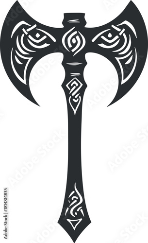 Stylized black and white vector illustration of an ornate axe design featuring intricate patterns for fantasy and mythology themes