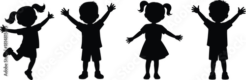 Four black silhouettes of children with arms raised and happy expressions kids white