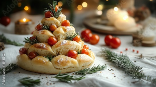 Creative Bread Arrangement Shaped Like a Christmas Tree With Herbs and Tomatoes