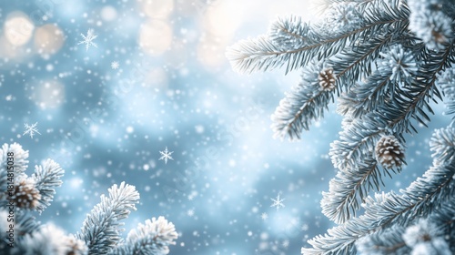 Frosted Pine Branch Glistens in a Snowy Winter Scene With Soft Sunlight