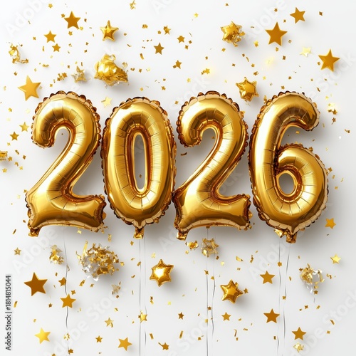Bright Gold Balloons Celebrate the New Year of 2026 With Shimmering Stars in ...