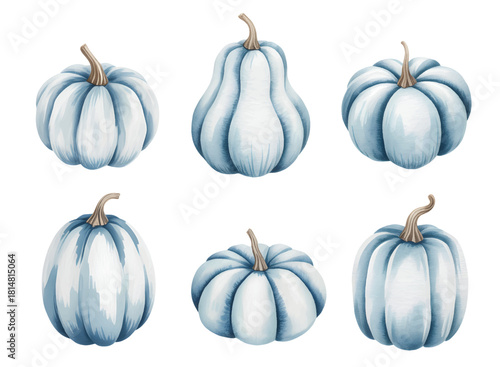 Soft blue pumpkin watercolor collection. Rustic blue autumn pumpkin isolated on white background.