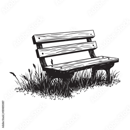 wooden park bench with grass and flowers silhouette