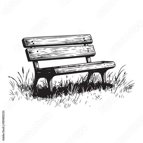 wooden park bench with grass and flowers silhouette