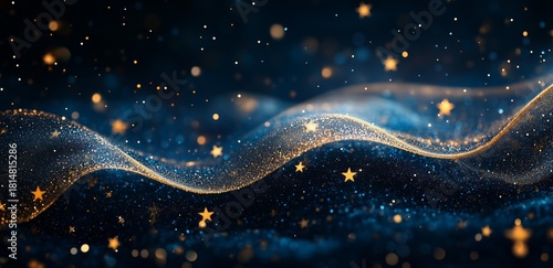 Sparkling Golden Waves and Starry Glow With Dark Blue Backdrop Create a Dream...