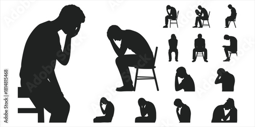 Collection of black silhouettes of men in poses of despair and sadness depression