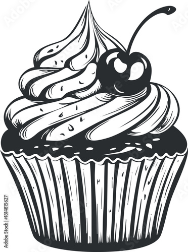 Hand-drawn black and white vector illustration of a delicious cupcake topped with creamy frosting and a cherry, ideal for bakery branding and dessert menus