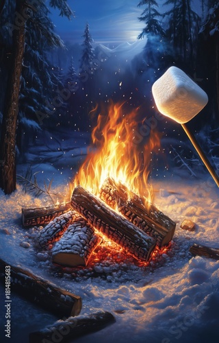 Enjoying a Cozy Campfire in the Snowy Woods Under the Moonlight