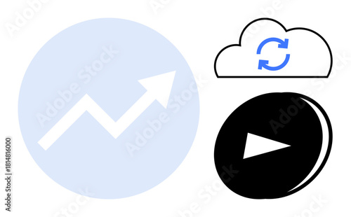 Upward arrow within a circle signifies growth, progress. Cloud sync icon and play button symbolize data updates, automation, speed. Ideal for business, technology, analytics, growth cloud computing