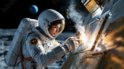 Space repair scene, Astronaut repairing lunar ship exterior at night
