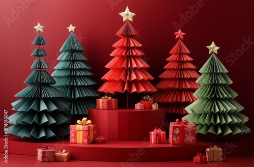 Festive Paper Trees and Colorful Gifts Displayed on a Red Backdrop During the...