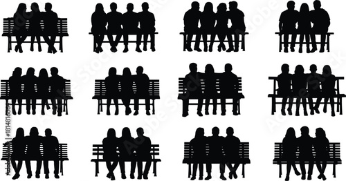 Twelve Black Silhouettes of People Sitting Together on Park Benches vector