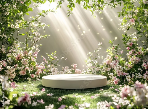 Beautiful Garden Scene With White Flowers and a Round Platform Under a Bright...