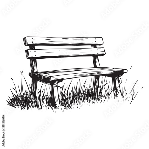 wooden park bench with grass and flowers silhouette