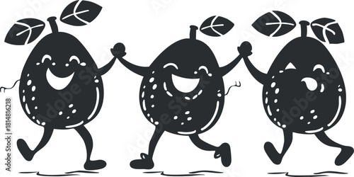Playful black and white vector illustration of smiling fruit characters holding hands, ideal for children's design projects and healthy lifestyle themes
