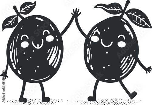 Playful black and white vector illustration of two smiling mango characters holding hands, perfect for children's products and food branding