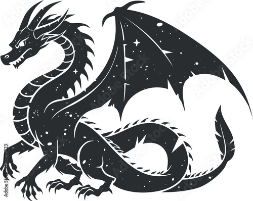 Detailed black and white vector illustration of a fierce dragon with ornate wings and a mystical design for fantasy projects.