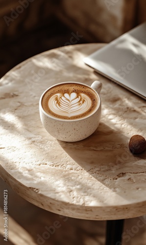 Warm Latte Art Resting on a Marble Table With Laptop, Showcasing Cozy Cafe Am...
