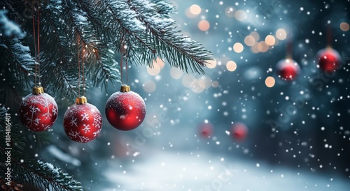 Bright Red Ornaments Dangle From Pine Branches in a Snowy Winter Scene