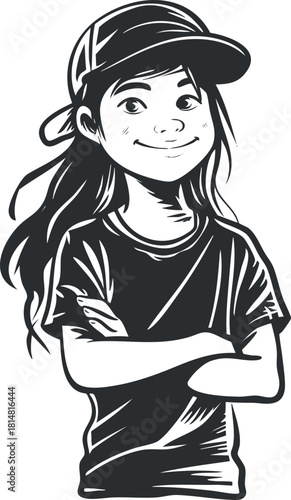 Stylish vector illustration of a confident girl wearing a baseball cap, ideal for youth-oriented branding and design projects