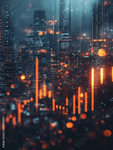 Data Visualization Shows Market Trends Over Modern City Skyline at Dusk