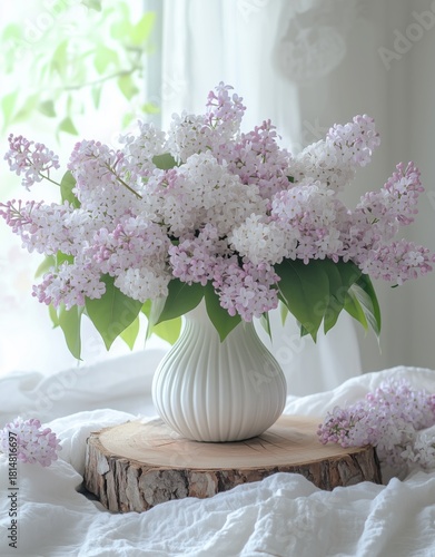 Beautiful Lilac Bouquet in a Vase Placed on a Wooden Table Near a Sunny Window