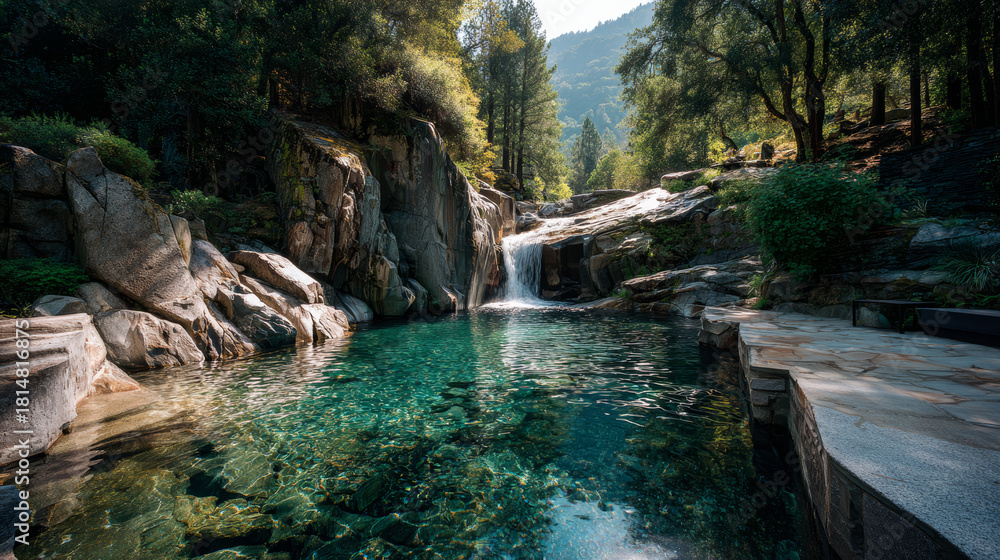 Naklejka premium Waterfall cascading into a crystal-clear pool below.