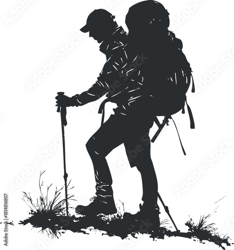 Silhouette vector illustration of a hiker with trekking poles in a natural outdoor setting for adventure and travel themes