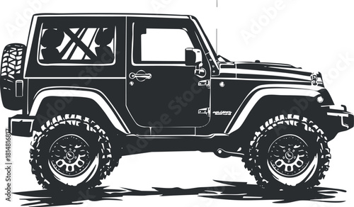 Stylized black and white vector illustration of an off-road SUV, ideal for automotive design and adventure themes