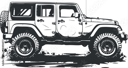 Stylized black and white vector illustration of an off-road SUV, ideal for adventure and outdoor-themed designs